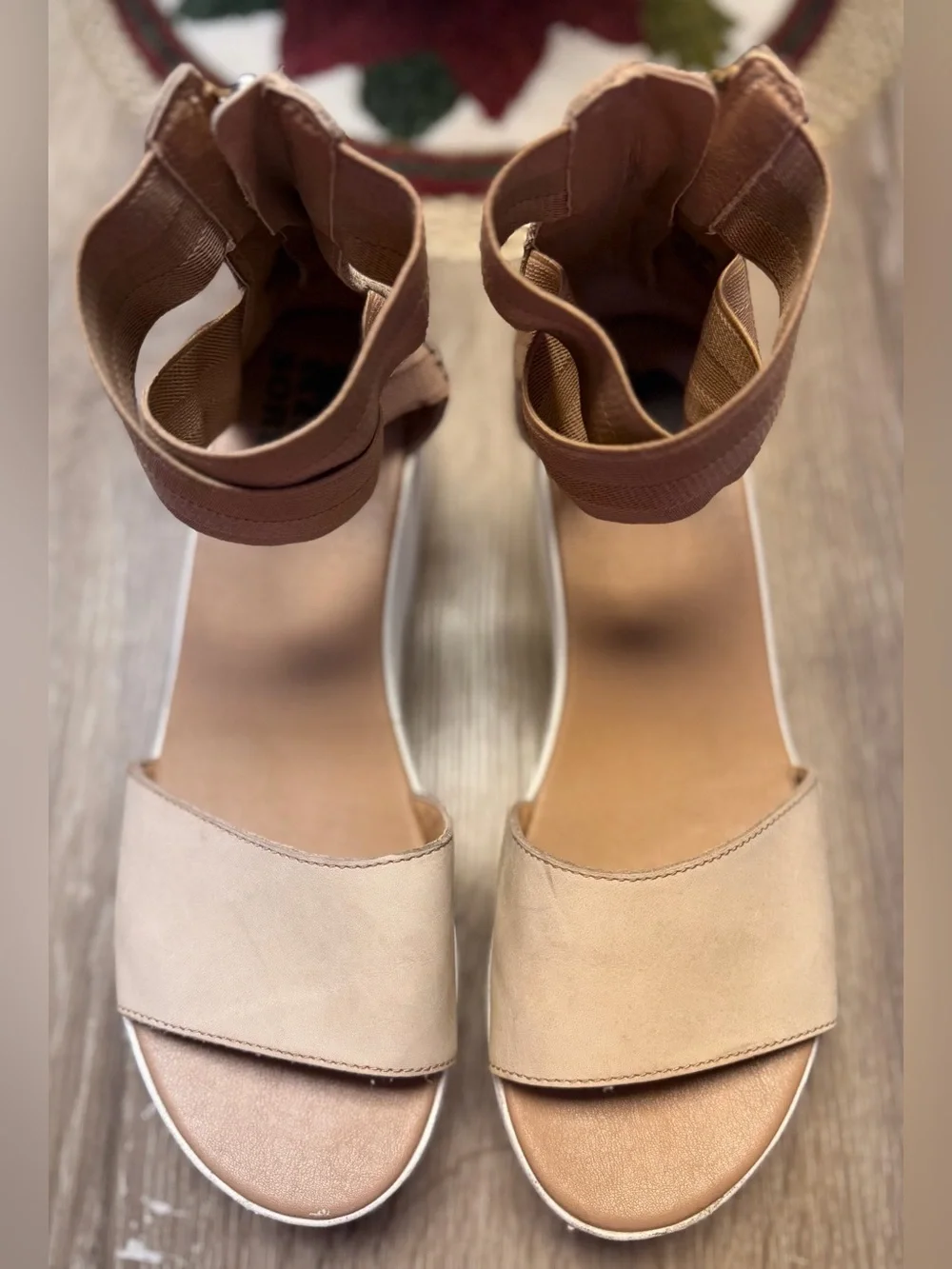 SOREL Cameron Tan Leather Flatform Wedge Ankle Strap Sandals Size 9.5